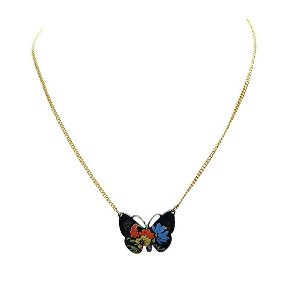 Enamel Butterfly Pendant on Vintage Choker Chain Necklace Gold Tone with Bright - Picture 1 of 4